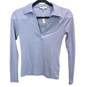 Madewell Ribbed Knit Polo Collar Long Sleeve Top Shirt NWT Blue XXS